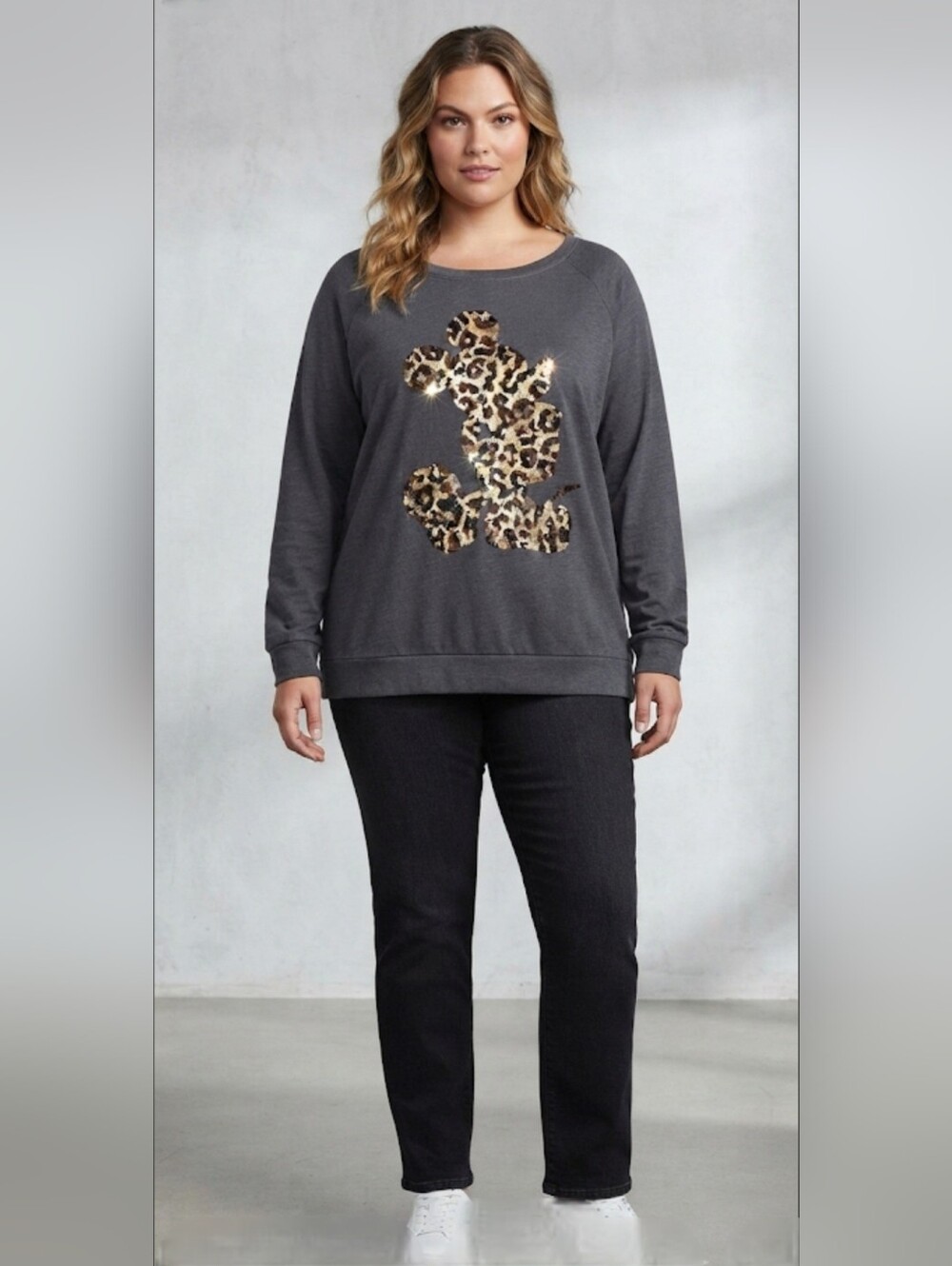 Disney Parks Authentic Mickey Mouse Sequin Leopard Pullover Charcoal Gray Top XL